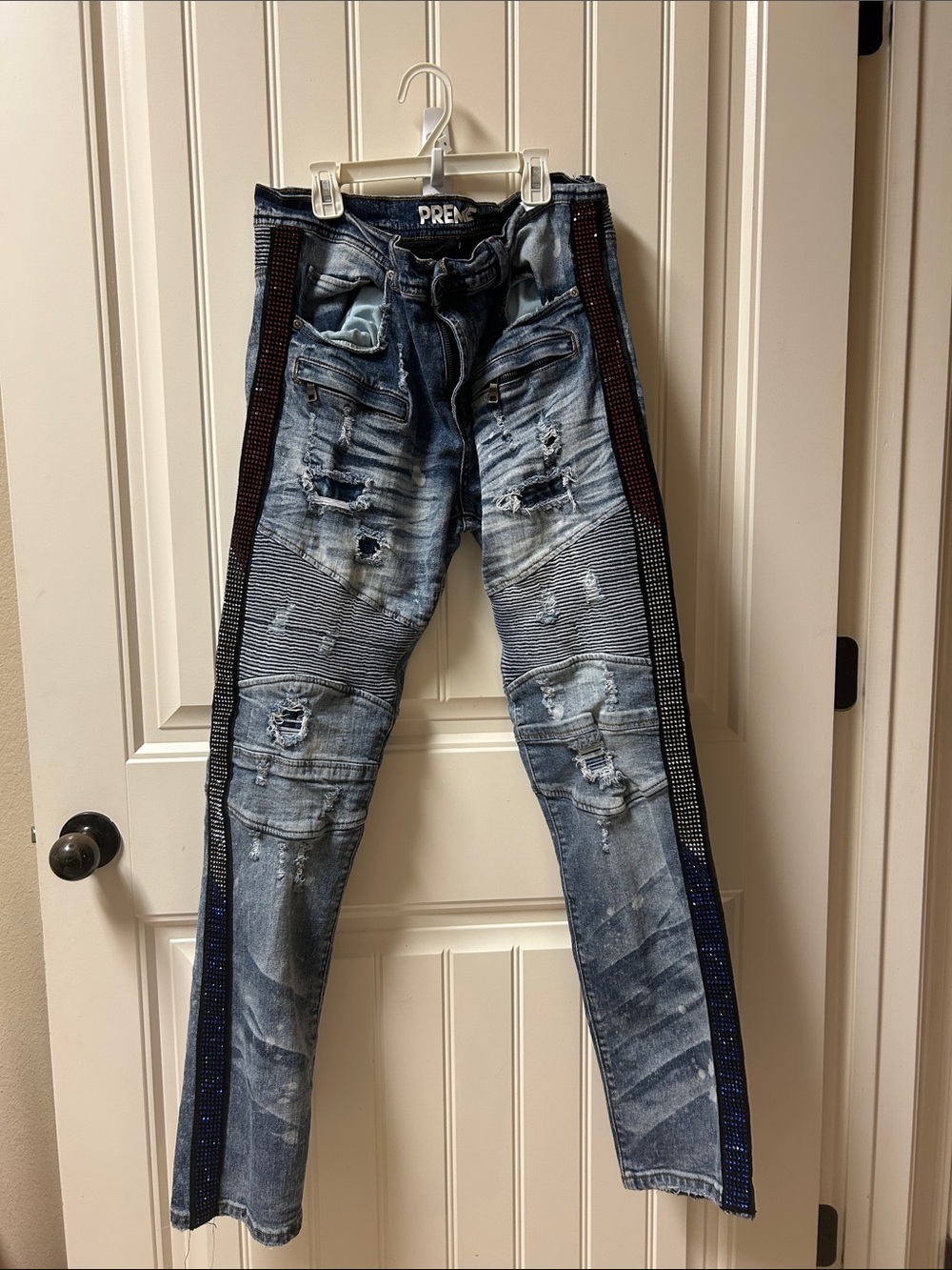 Moto BikerSlim Straight Men's Blue Distressed  Preme Jeans